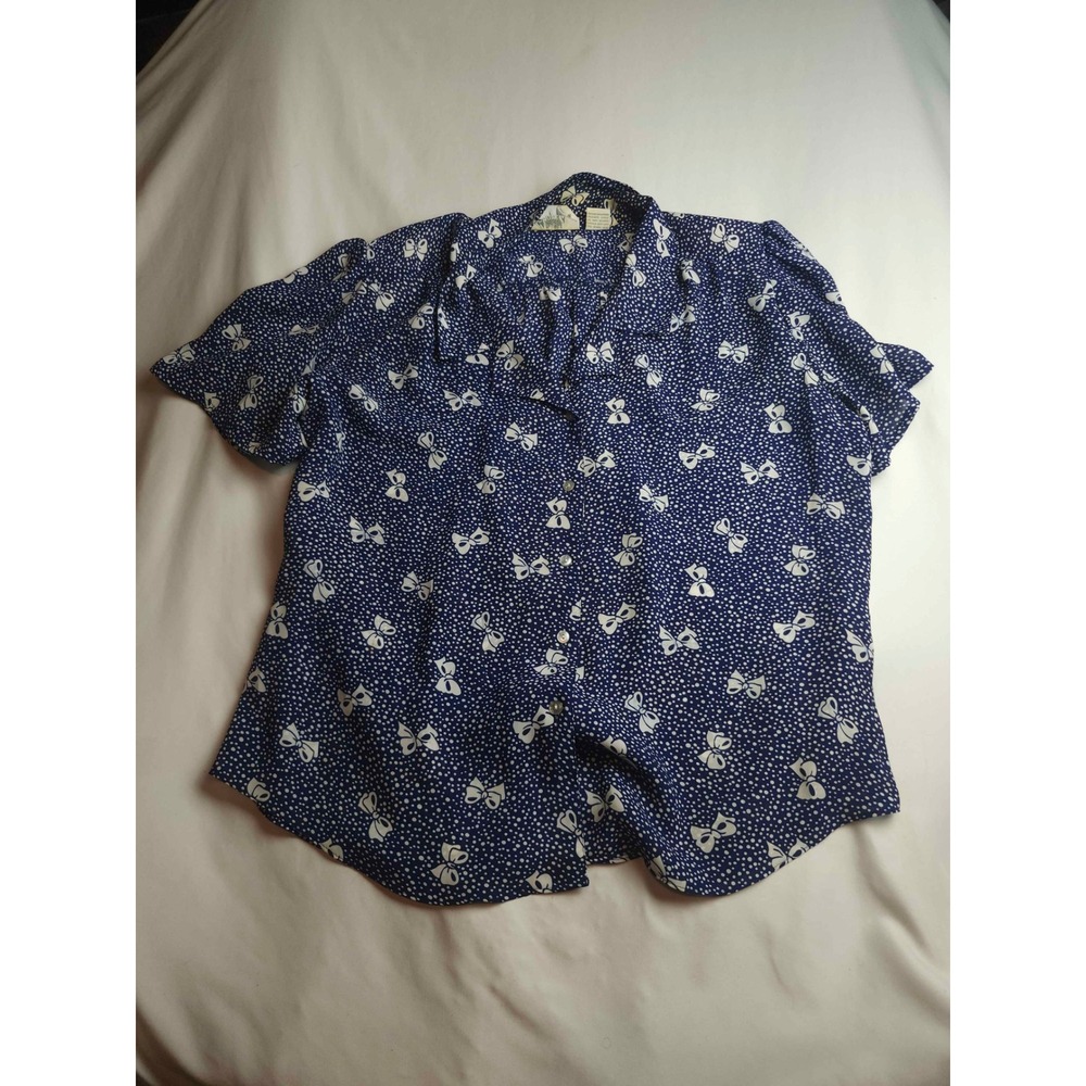 Vtg Lady Shapely Navy Blue Polka Dot Button Up Blouse Plus Womens 38/18W